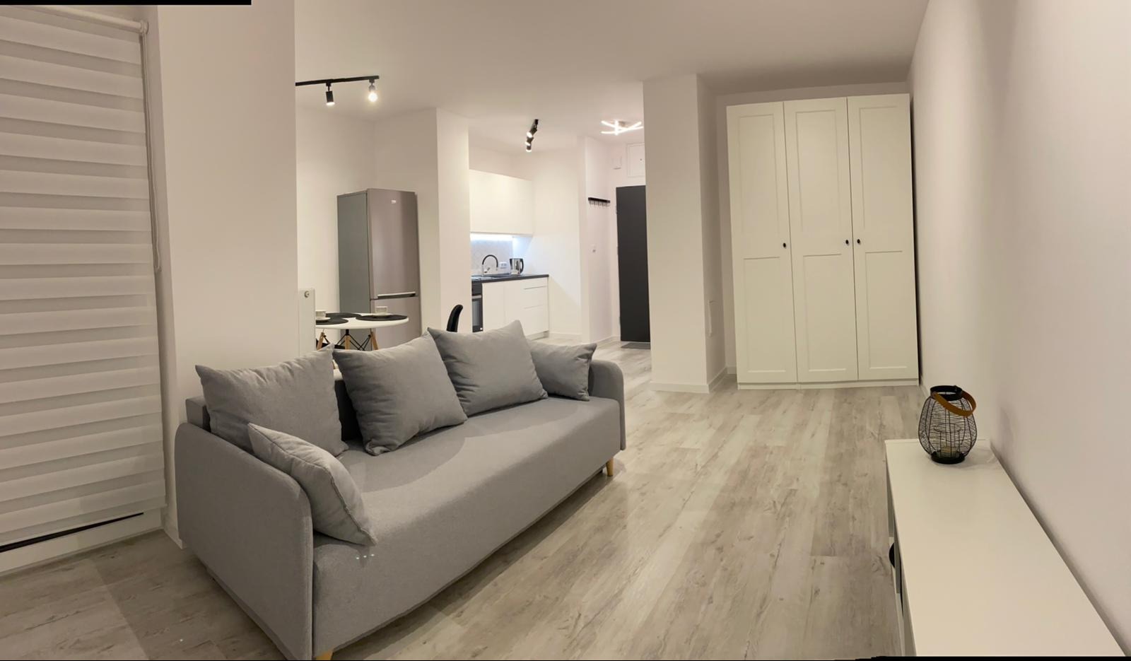 Jasne, minimalistyczne wnętrze mieszkania z szarą sofą, białymi ścianami, szafą i aneksem kuchennym w tle, oświetlone punktowymi lampami sufitowymi i naturalnym światłem z okna.