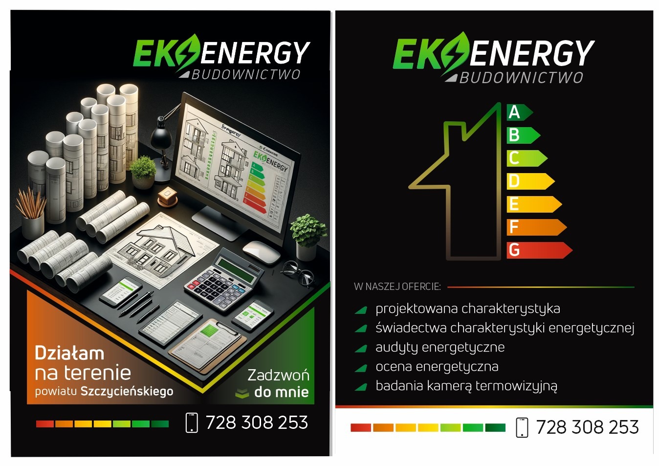 Grafika reklamowa firmy budowlanej Eko Energy z wizualizacją projektu domu, świadectwem energetycznym i informacją o obszarze działania oraz numerem telefonu.
