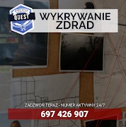 Tablica korkowa z przypiętymi zdjęciami, mapami i notatkami, z hasłem 'Wykrywanie Zdrad' i numerem telefonu, logo firmy w lewym górnym rogu.