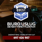 Logo biura detektywistycznego Quest z motywem orła na tle ciemnego wnętrza samochodu, z widocznym numerem telefonu alarmowego.