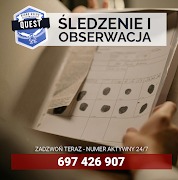 Otwarty segregator z dokumentem zawierającym odciski palców, trzymany w rękach, widoczne logo firmy i napis 'Śledzenie i obserwacja' oraz numer telefonu.