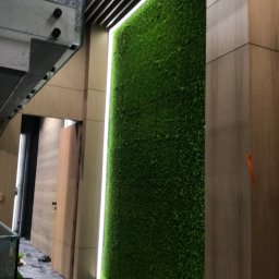 ,,BRODA-BUD” PRZEMYSŁAW MASTERNAK - Montaż ściany z mchu w biurze w Piekarach Śląskich, widoczne przygotowania i narzędzia na podłodze.