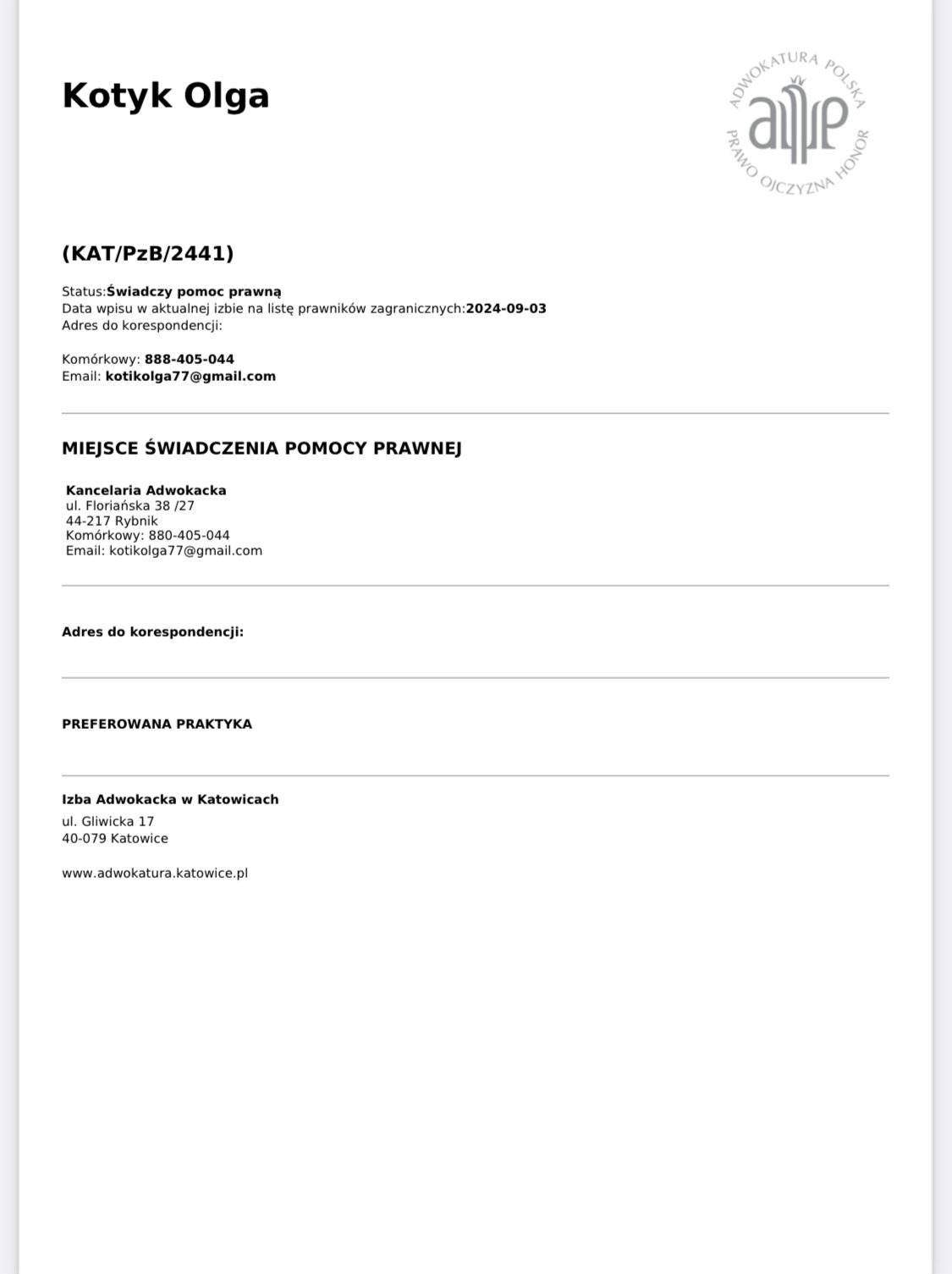 Skan wizytówki adwokata z imieniem i nazwiskiem, numerem wpisu, statusem, adresem korespondencyjnym, miejscem świadczenia pomocy prawnej oraz danymi kontaktowymi kancelarii i Izby Adwokackiej.