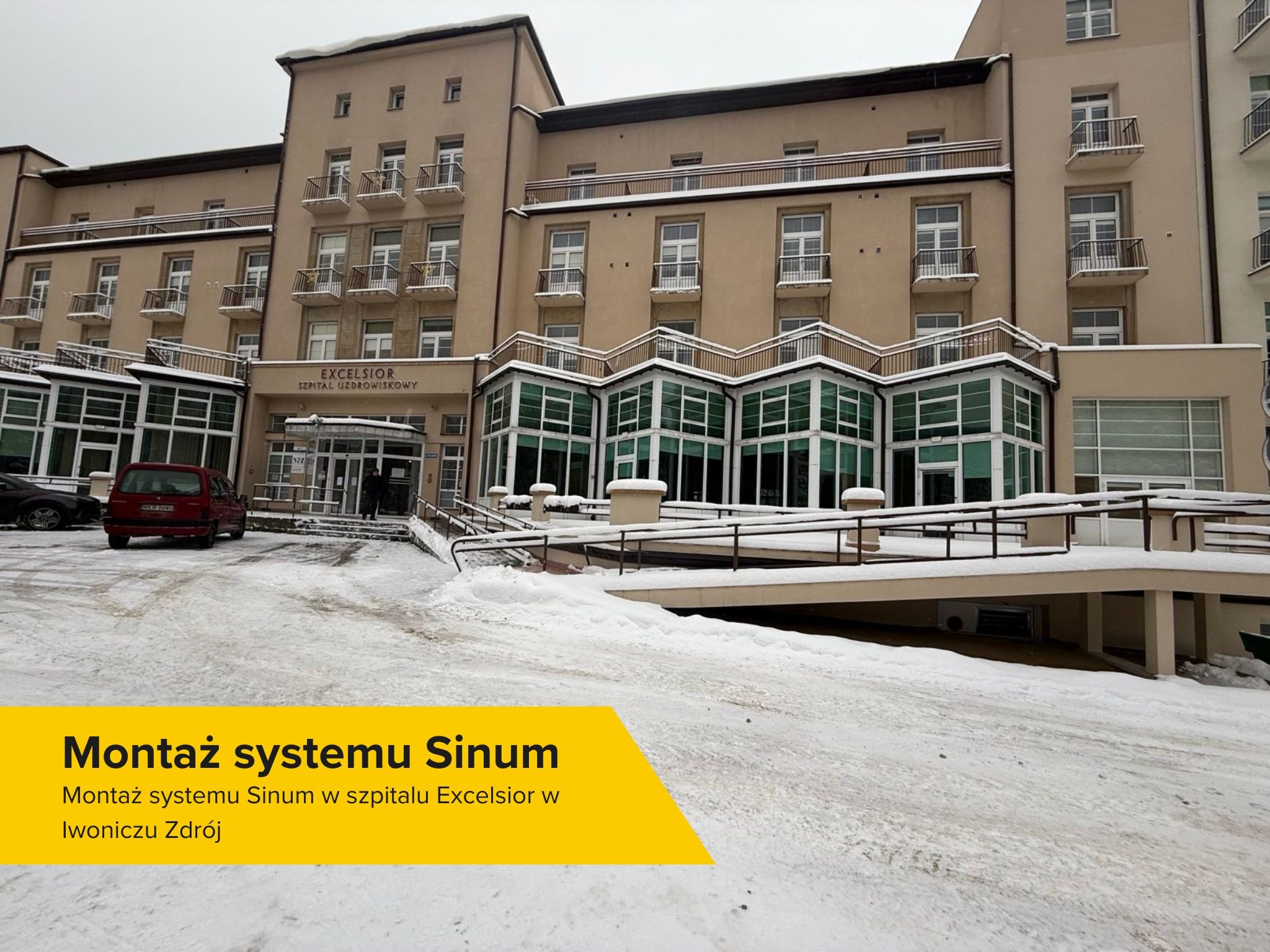 Budynek Szpitala Uzdrowiskowego Excelsior w Iwoniczu Zdroju, widok z zewnątrz w zimowej scenerii, z widocznym systemem Sinum.