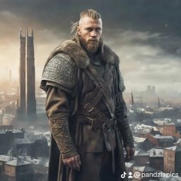 Hanna Hofman - Postać mężczyzny w stroju inspirowanym wikingami na tle panoramy miasta z wieżami, grafika koncepcyjna.