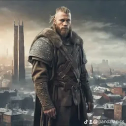 Postać mężczyzny w stroju inspirowanym wikingami na tle panoramy miasta z wieżami, grafika koncepcyjna.