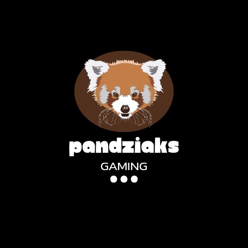 Logo z wizerunkiem pandy rudej w brązowym okręgu, poniżej nazwa 'pandziaks' i napis 'GAMING' z trzema kropkami.