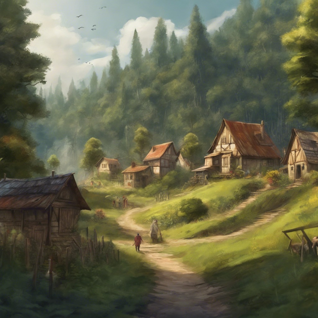 Malowniczy, ręcznie malowany krajobraz wiejski w okolicach Poznania, przedstawiający grupę domów z czerwonymi dachami na tle gęstego lasu, z ścieżką prowadzącą przez zielone wzgórza i postaciami...