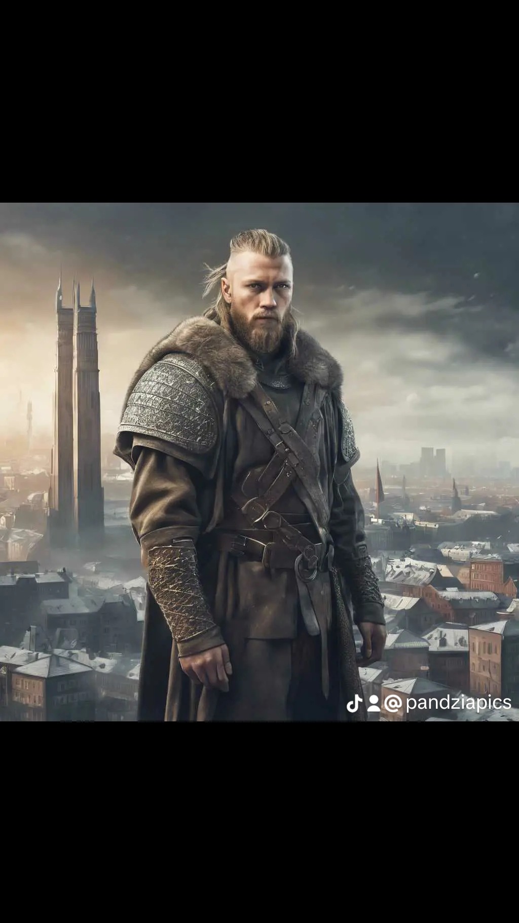 Postać mężczyzny w stroju inspirowanym wikingami na tle panoramy miasta z wieżami, grafika koncepcyjna.