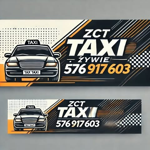 Dwa banery reklamowe ZCT Taxi z Żywca, prezentujące grafikę samochodu taxi i numer telefonu 576 917 603, z motywem szachownicy w prawym górnym rogu.