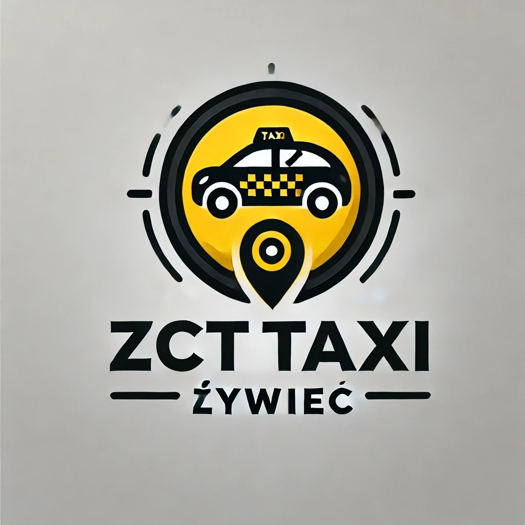 Logo firmy taksówkarskiej ZCT TAXI Żywiec z ikoną taksówki w okręgu z pinezką lokalizacyjną.