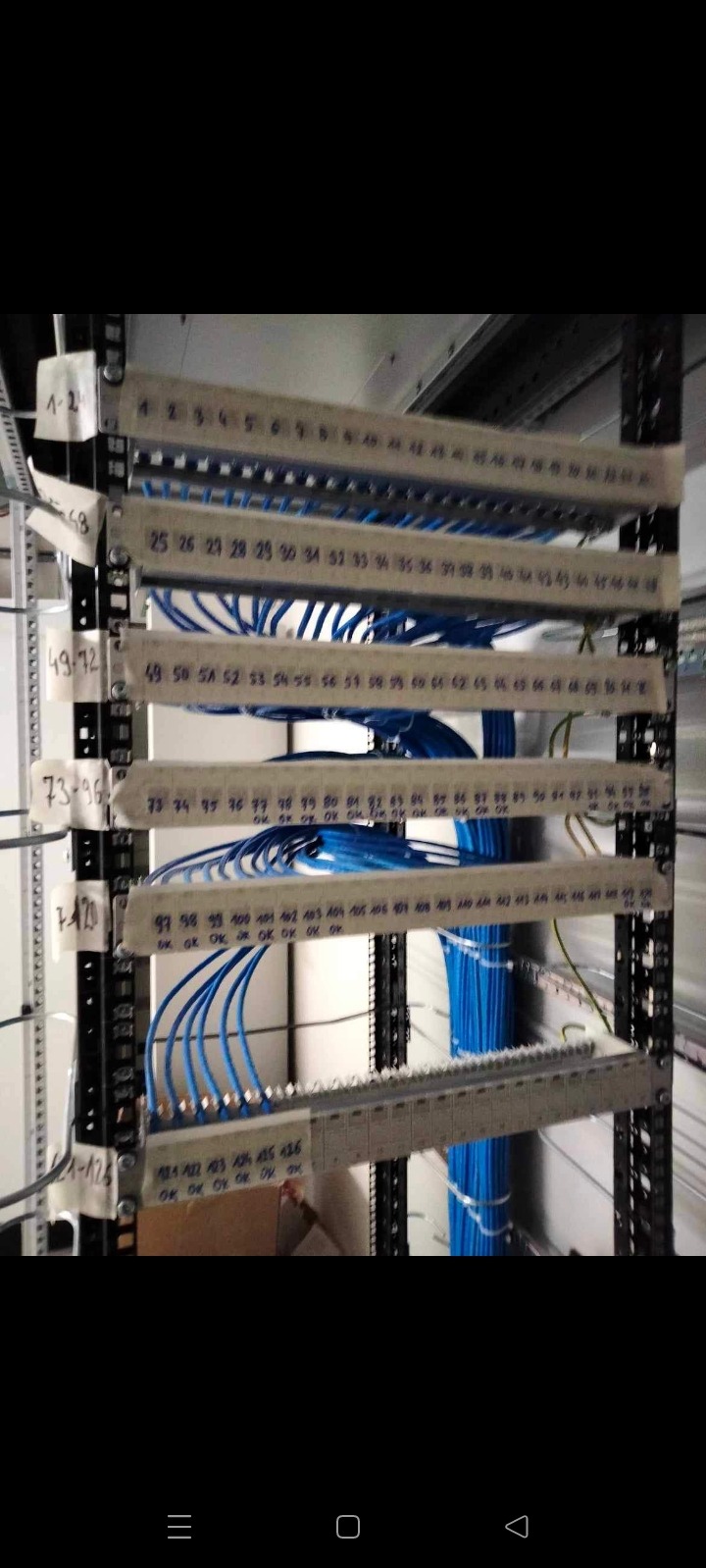 Szczegółowe ujęcie panelu krosowniczego z ponumerowanymi portami i uporządkowanymi niebieskimi kablami, widoczne etykiety z zakresami numerów portów, instalacja w serwerowni.