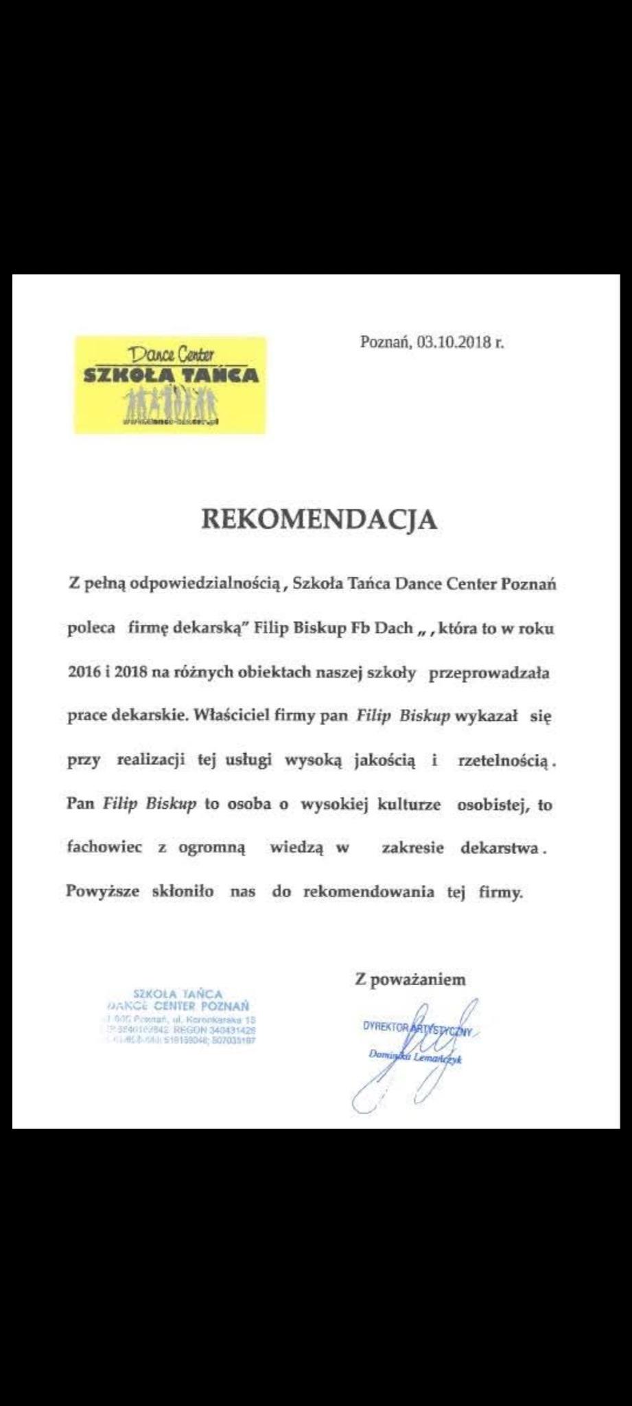 Skan rekomendacji dla firmy dekarskiej Filip Biskup Fb Dach od Szkoły Tańca Dance Center Poznań, wystawionej 03.10.2018 przez Dyrektora Artystycznego Dominika Lemańczyka.
