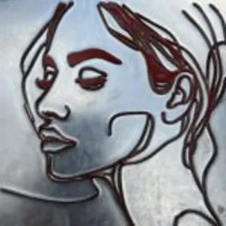 Portret kobiety wykonany techniką linearną z metalu, z akcentami w kolorze bordo, na srebrnym tle.