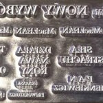 Metalowa matryca z wytłoczonymi, odwróconymi napisami w różnych fontach, przygotowana do tłoczenia tekstu.