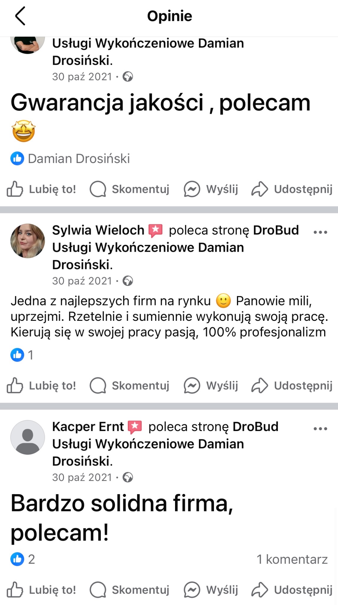 Zrzut ekranu strony z opiniami o firmie Usługi Wykończeniowe Damian Drosiński, zawierający pozytywne recenzje i rekomendacje klientów z Facebooka.