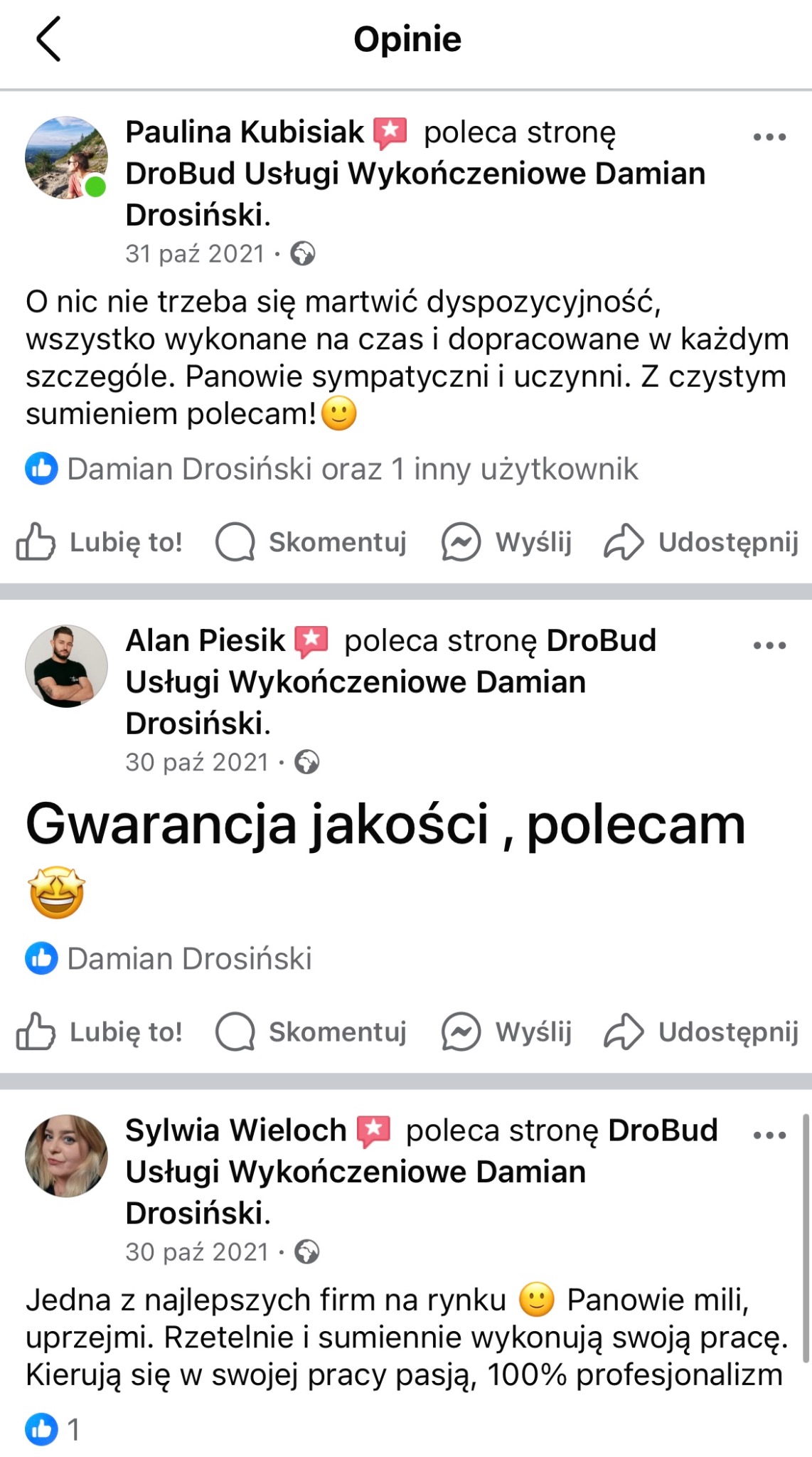 Zrzut ekranu z opiniami klientów na temat firmy remontowej DroBud Usługi Wykończeniowe Damian Drosiński, zawierający pozytywne komentarze i rekomendacje.