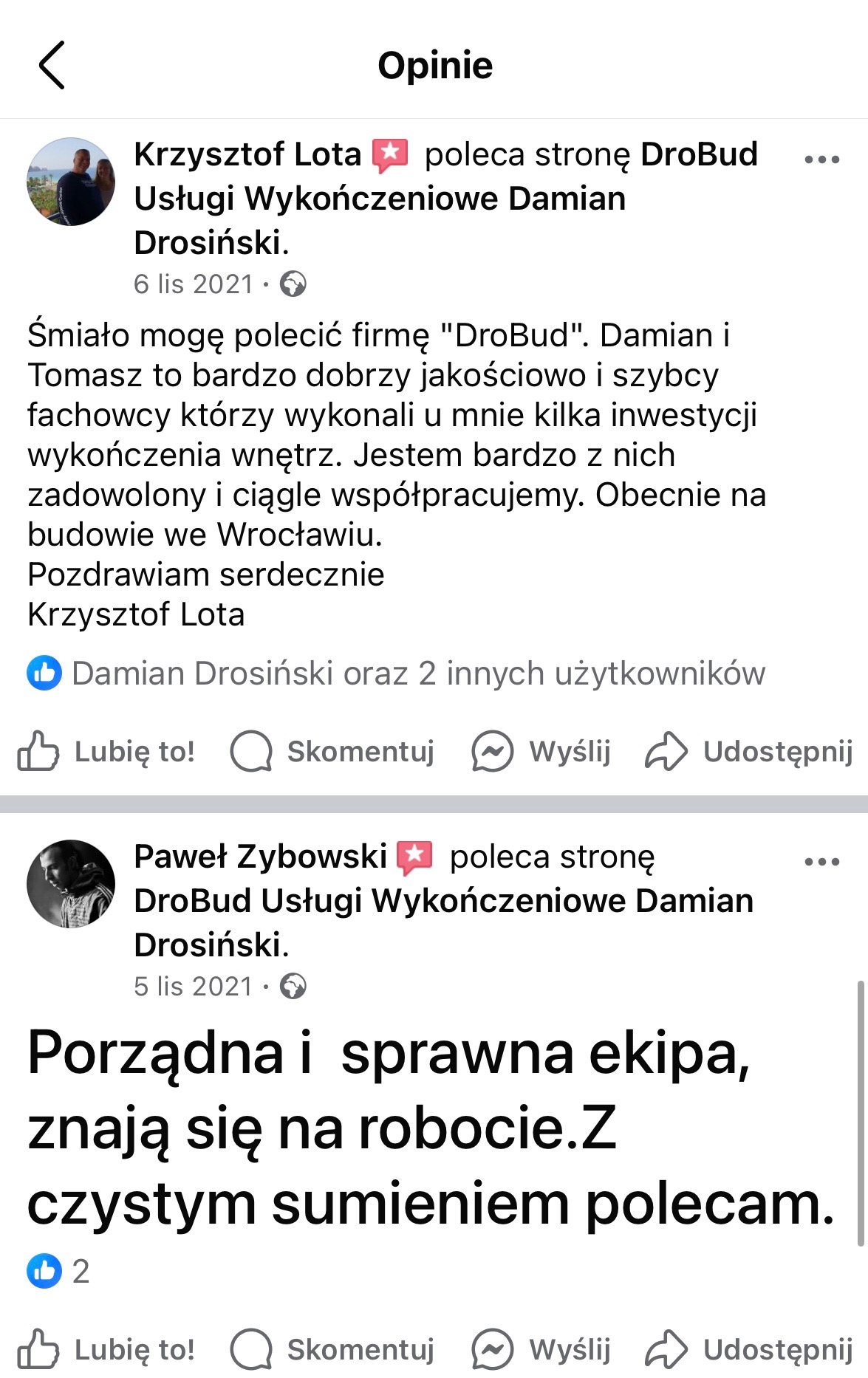 Zrzut ekranu z opiniami klientów na temat firmy DroBud Usługi Wykończeniowe Damian Drosiński, zawierający pozytywne recenzje Krzysztofa Loty i Pawła Zybowskiego.