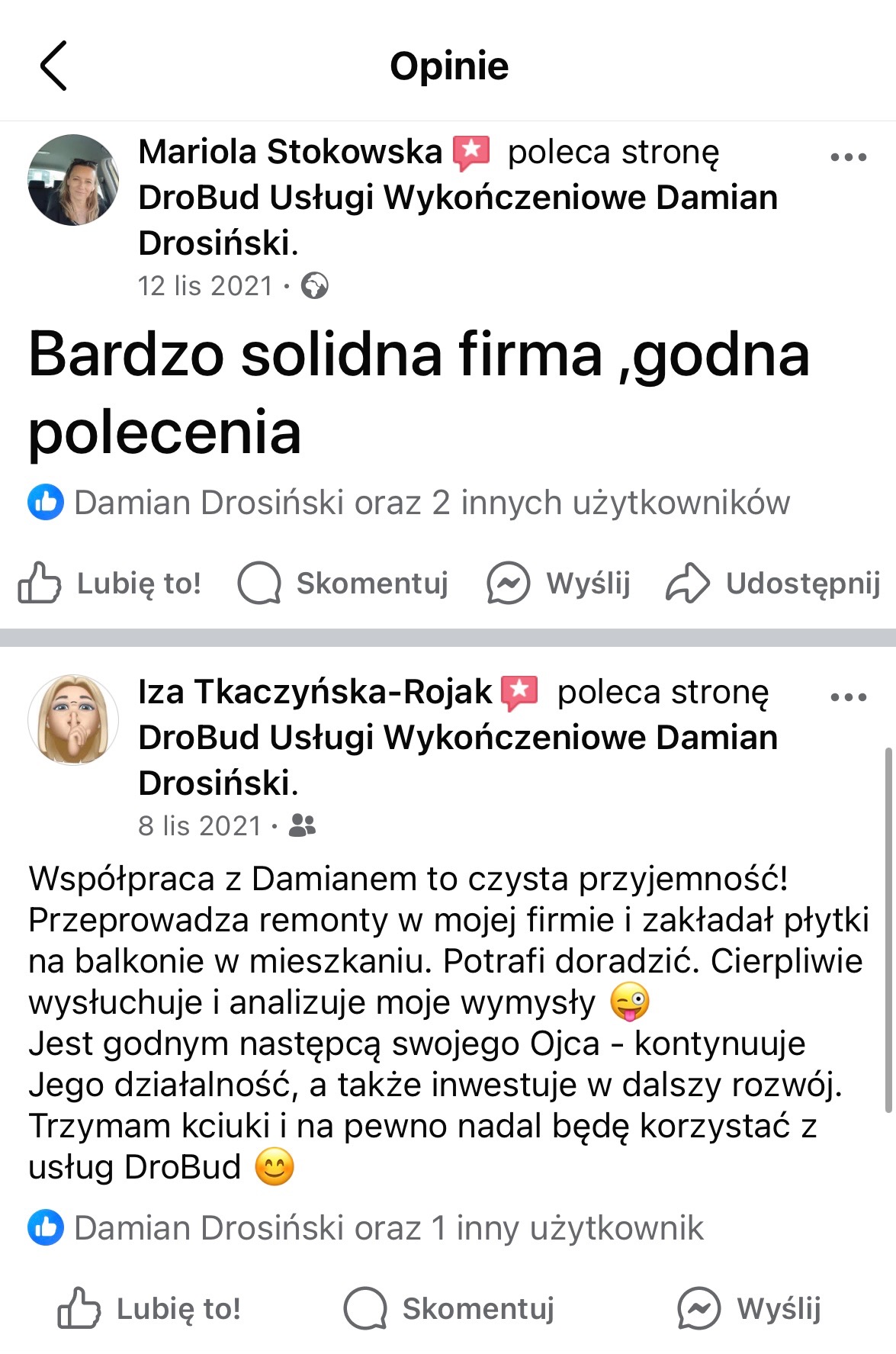 Zrzut ekranu z opiniami klientów o firmie DroBud Usługi Wykończeniowe Damian Drosiński, zawierający pozytywne recenzje dotyczące remontów i układania płytek.