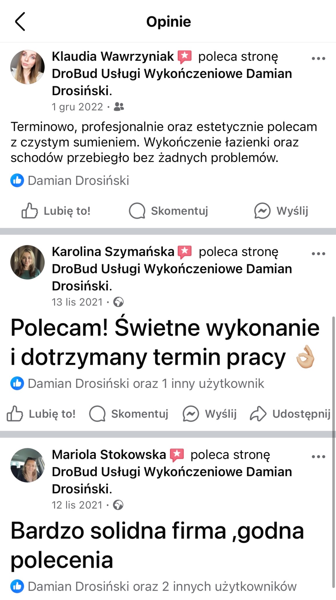 Zrzut ekranu z opiniami klientów o firmie remontowej, zawierający pozytywne komentarze dotyczące terminowości i jakości wykonania, w tym wykończenia łazienek i schodów.