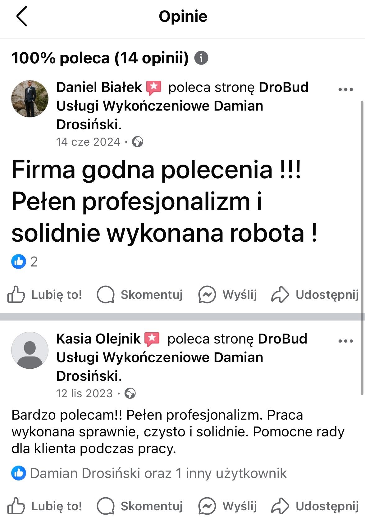 Zrzut ekranu z opiniami klientów o firmie remontowo-wykończeniowej, zawierający pozytywne recenzje podkreślające profesjonalizm i solidność wykonanej pracy.