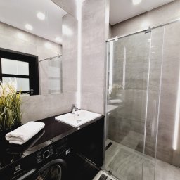 Kreator Designu - Nowoczesna łazienka w szarościach z kabiną prysznicową ze szklanymi drzwiami przesuwnymi, umywalką nablatową na czarnym blacie, pod którą znajduje się pralka Electrolux oraz dekoracyjną trawą...
