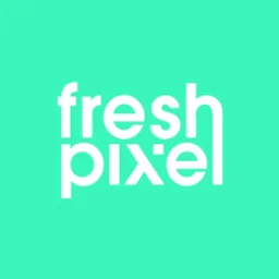 Białe logo 'fresh pixel' na jasnym turkusowym tle.
