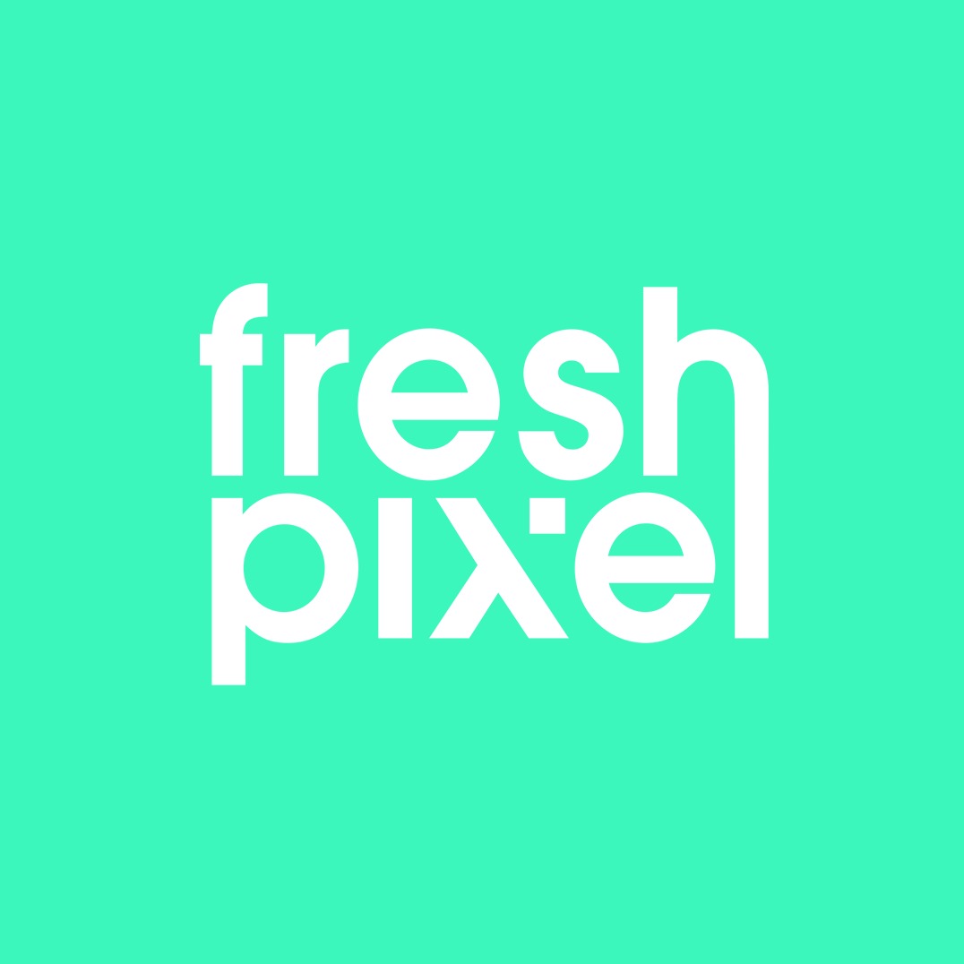 Białe logo 'fresh pixel' na jasnym turkusowym tle.