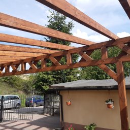 Sebastian Dubiel - Konstrukcja z ciemnego drewna, prawdopodobnie zadaszenie, widok z dołu na niebo, z tyłu budynek gospodarczy z wiszącymi doniczkami i samochody osobowe zaparkowane na zewnątrz.