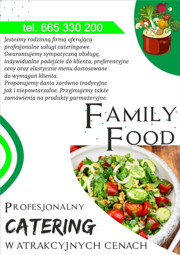 Grafika reklamowa cateringu Family Food: sałatka warzywna, zupa krem, numer telefonu i hasło 'Profesjonalny catering w atrakcyjnych cenach'.