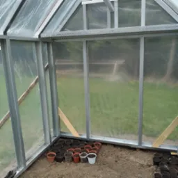 Wnętrze szklarni z metalową konstrukcją i przezroczystym pokryciem, z widocznymi doniczkami z ziemią przygotowanymi do sadzenia roślin.