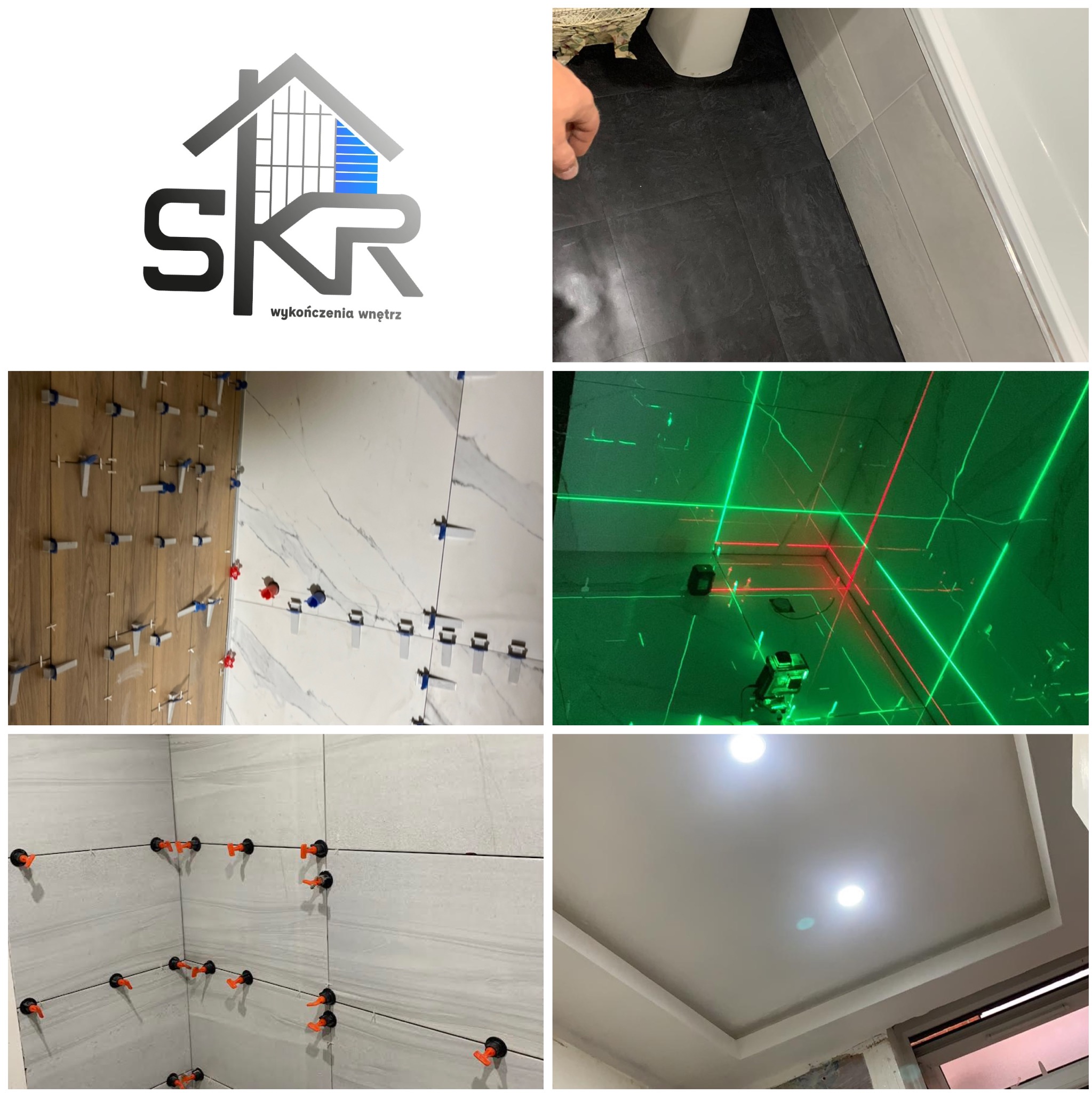 Kolaż zdjęć z remontu łazienki: logo firmy SKR Wykończenia Wnętrz, podłoga w łazience, poziomowanie płytek laserem krzyżowym, montaż płytek z użyciem klipsów poziomujących i sufit podwieszany...