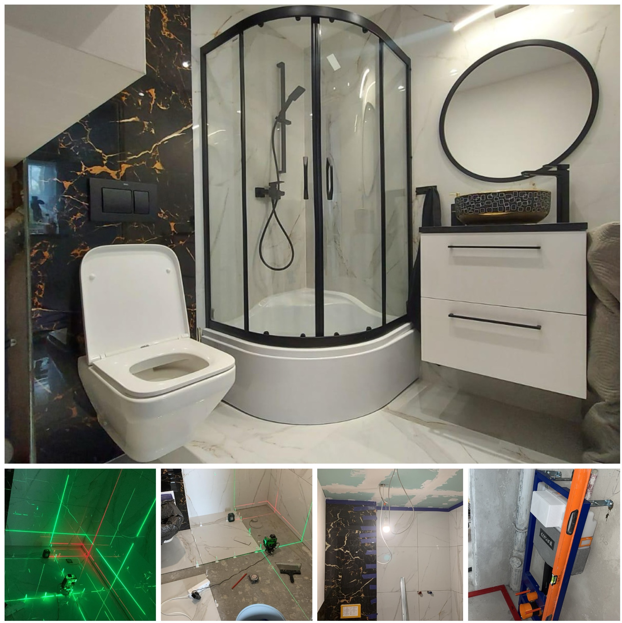 Nowoczesna łazienka z czarnymi akcentami: kabina prysznicowa, umywalka na szafce, toaleta podwieszana. W tle etapy prac: laser, montaż stelaża.