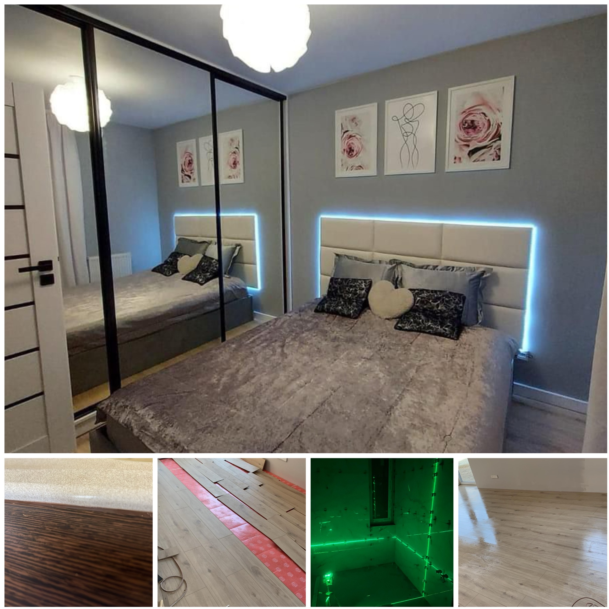 Nowoczesna sypialnia z łóżkiem z podświetleniem LED, lustrzaną szafą i dekoracjami ściennymi. Widoczne detale wykończenia podłogi na dole zdjęcia.