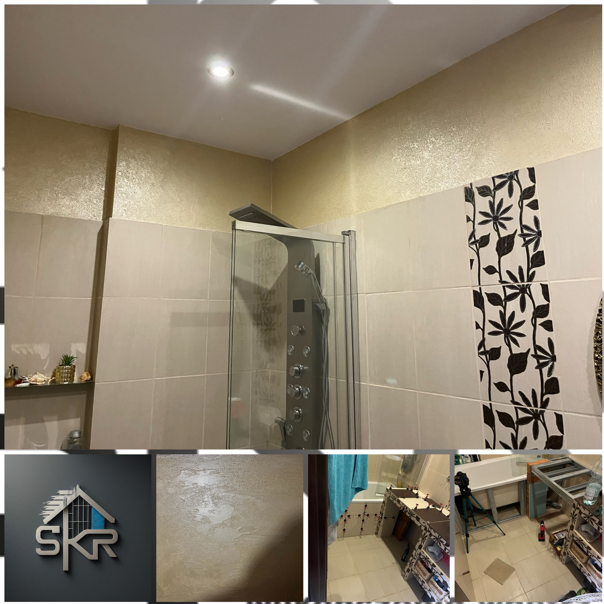 Wykończona łazienka z kabiną prysznicową, beżowymi płytkami i dekoracyjnym pasem z motywem roślinnym. Fragmenty zdjęć z etapu prac glazurniczych i logo firmy.