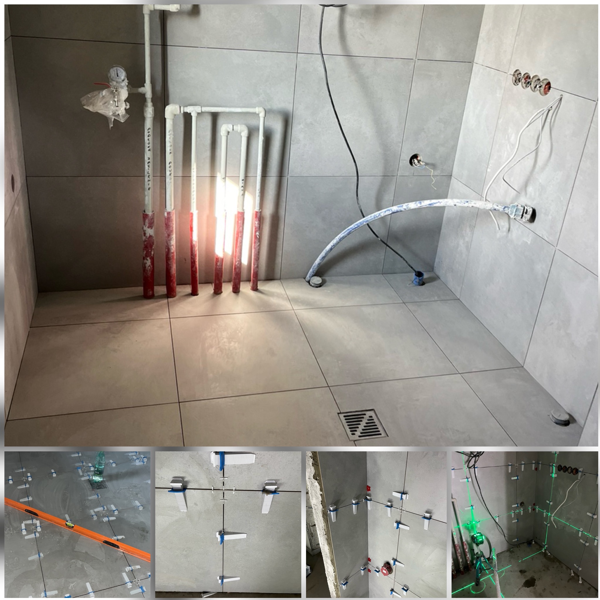 Łazienka w trakcie wykańczania: szare płytki na ścianach i podłodze, widoczne rury, instalacja elektryczna i system poziomowania płytek z laserem krzyżowym.