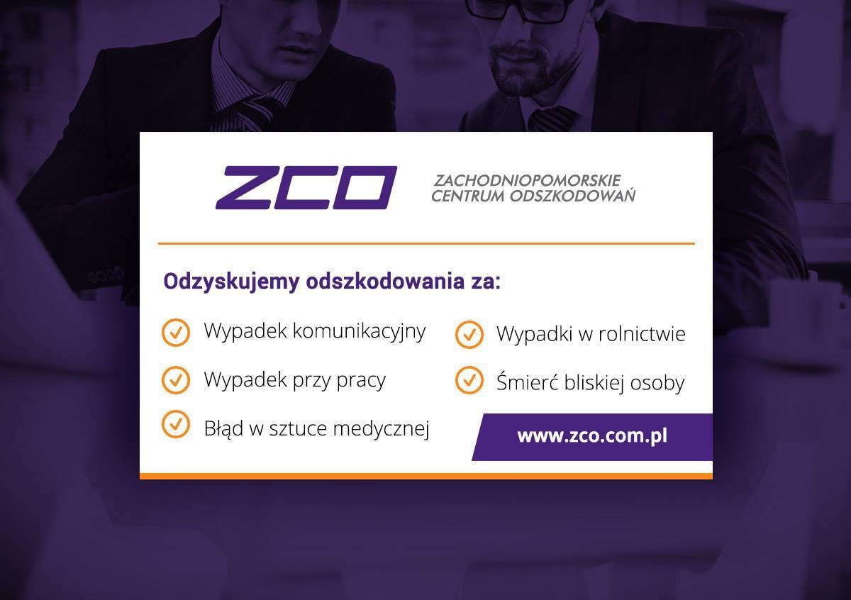 Reklama Zachodniopomorskiego Centrum Odszkodowań ZCO, informująca o odzyskiwaniu odszkodowań za wypadki komunikacyjne, przy pracy, błędy medyczne, wypadki w rolnictwie i śmierć bliskiej osoby.
