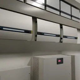 Rząd białych urządzeń Nedap AP4003X zamontowanych na metalowej półce, z widocznymi panelami sterowania i napisami, poniżej dwa urządzenia Pulsar z wyświetlaczami LED wskazującymi wartości 12.6...