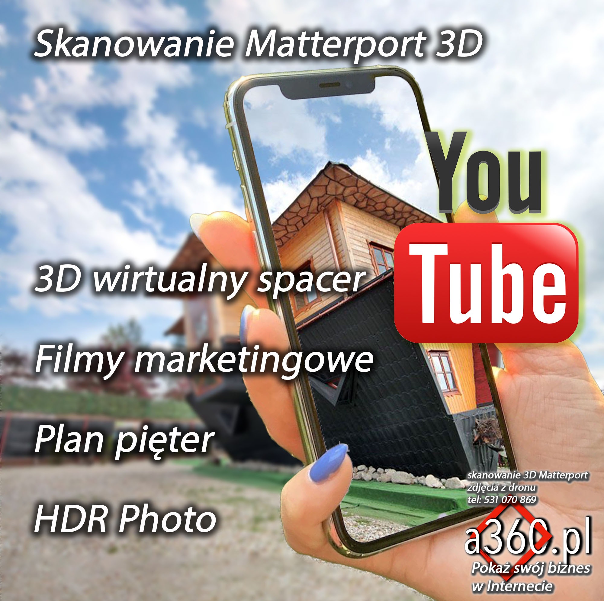 Prezentacja wirtualnego spaceru 3D po budynku, widziana przez ekran smartfona trzymanego w dłoni, z nałożonym logotypem YouTube i tekstem promocyjnym.
