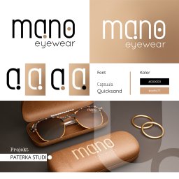 Paterka Studio - Prezentacja identyfikacji wizualnej marki okularów: logo w różnych wariantach kolorystycznych, typografia, okulary w etui z wytłoczonym logo oraz dwa złote pierścienie na szarym tle.
