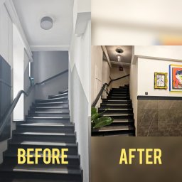 Diada - Porównanie schodów przed i po renowacji: po lewej stronie widoczne schody w odcieniach szarości, po prawej odnowione schody z ciemnymi stopniami, jasnymi ścianami, płytkami imitującymi marmur...