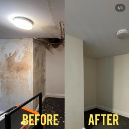 Diada - Porównanie stanu pomieszczenia przed i po usunięciu skutków zalania: widoczne zacieki na ścianach i uszkodzony sufit przed remontem, a po remoncie ściany pomalowane na biało i naprawiony sufit.