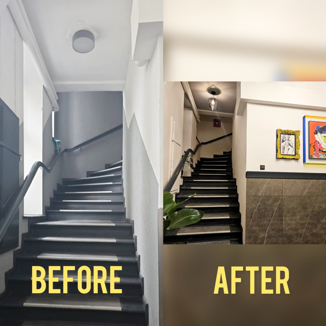 Porównanie schodów przed i po renowacji: po lewej stronie widoczne schody w odcieniach szarości, po prawej odnowione schody z ciemnymi stopniami, jasnymi ścianami, płytkami imitującymi marmur...