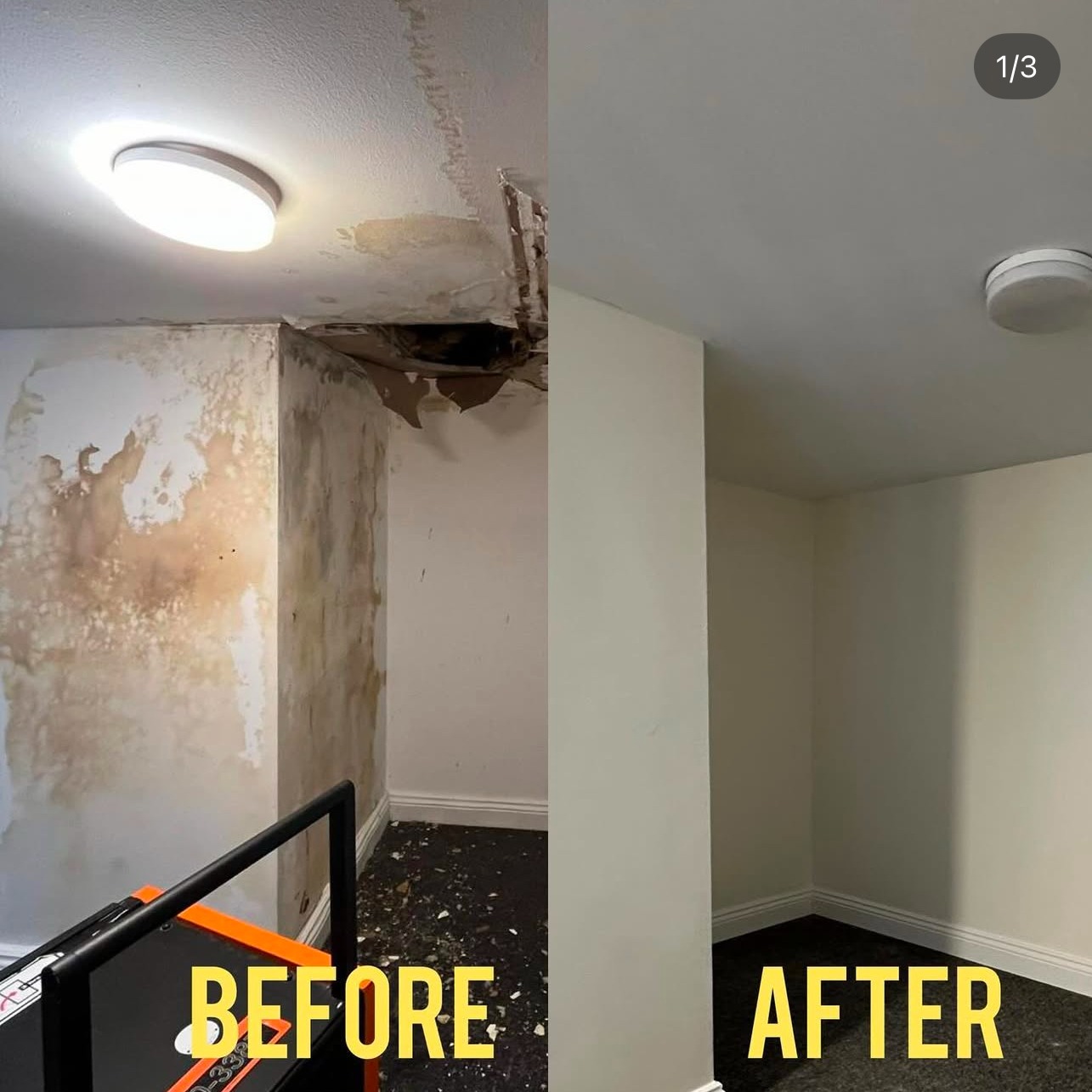 Porównanie stanu pomieszczenia przed i po usunięciu skutków zalania: widoczne zacieki na ścianach i uszkodzony sufit przed remontem, a po remoncie ściany pomalowane na biało i naprawiony sufit.