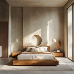 Kasus Studio - Minimalistyczna sypialnia z drewnianym łóżkiem platformowym, okrągłym wnękiem w ścianie za wezgłowiem, wiszącymi lampami z kamiennymi kloszami i wysokim oknem wpuszczającym naturalne światło.