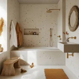 Jasna łazienka z terazzo, drewnianym stołkiem i okrągłym lustrem z rafii, złota armatura, dywanik z frędzlami i beżowe klapki na podłodze.