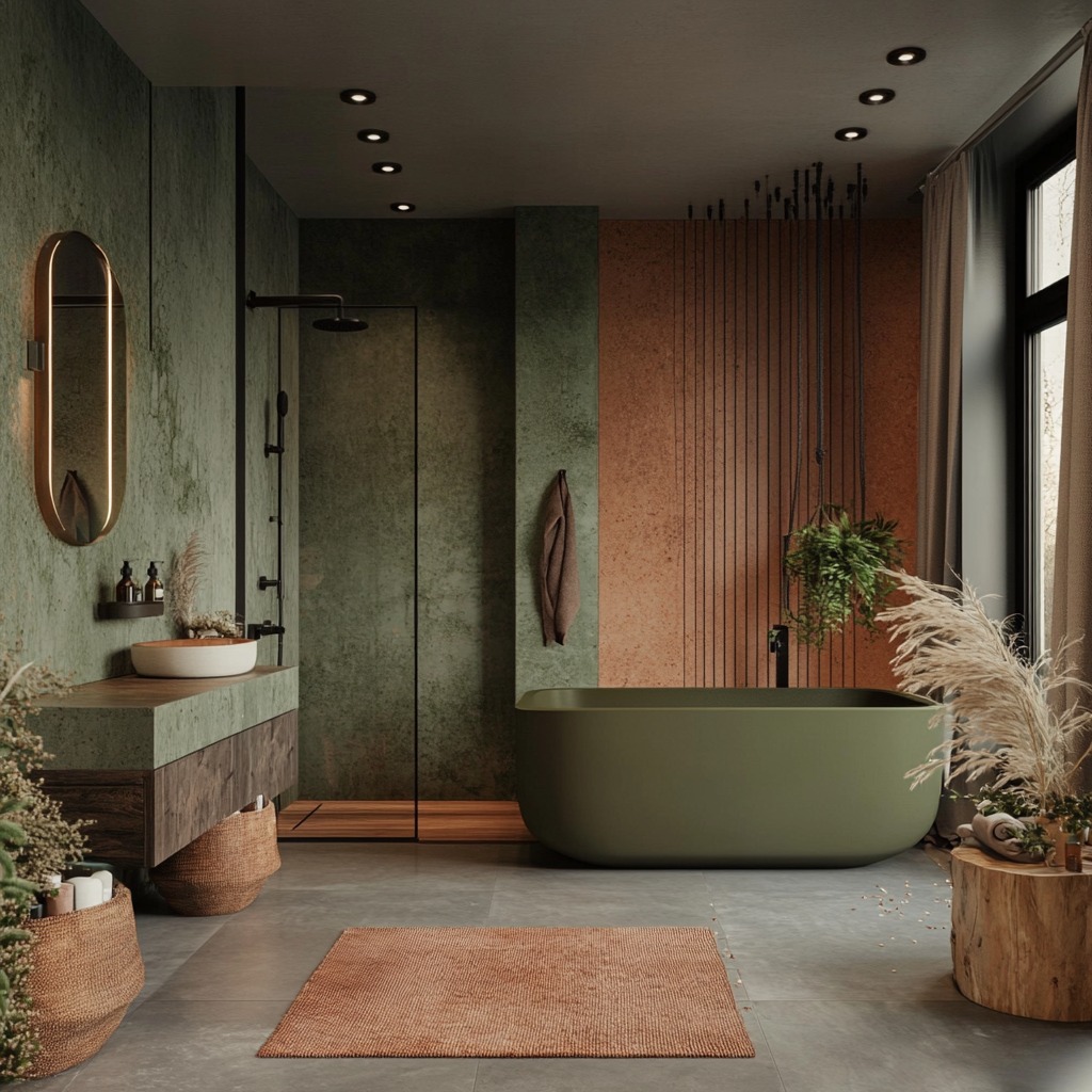 Nowoczesna łazienka w odcieniach zieleni i brązu z wolnostojącą wanną, kabiną prysznicową typu walk-in, umywalką nablatową i lustrem z podświetleniem LED.