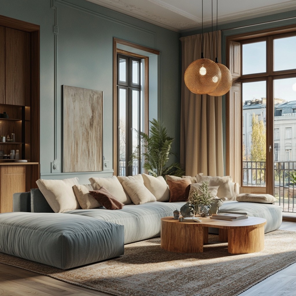 Jasny salon w stylu modern classic z obszerną sofą modułową, okrągłym stolikiem kawowym z drewna i dekoracyjnymi lampami wiszącymi z abażurami z plecionej trawy.