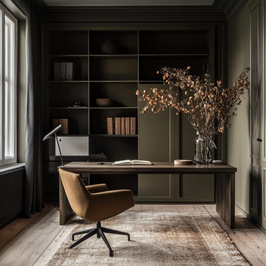 Eleganckie biuro w Warszawie: ciemnozielone ściany i regały, drewniane biurko z otwartą książką, nowoczesne krzesło obrotowe i dywan w neutralnych barwach.