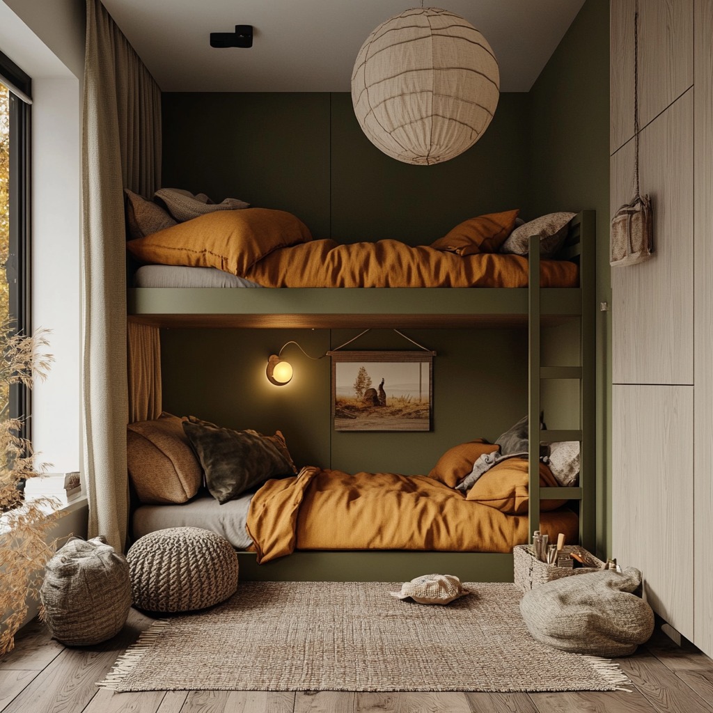 Pokój dziecięcy z łóżkiem piętrowym w odcieniach zieleni i beżu, oświetlony lampą ścienną i wiszącą kulą, z dekoracjami w stylu skandynawskim, na podłodze dywan i pufy.